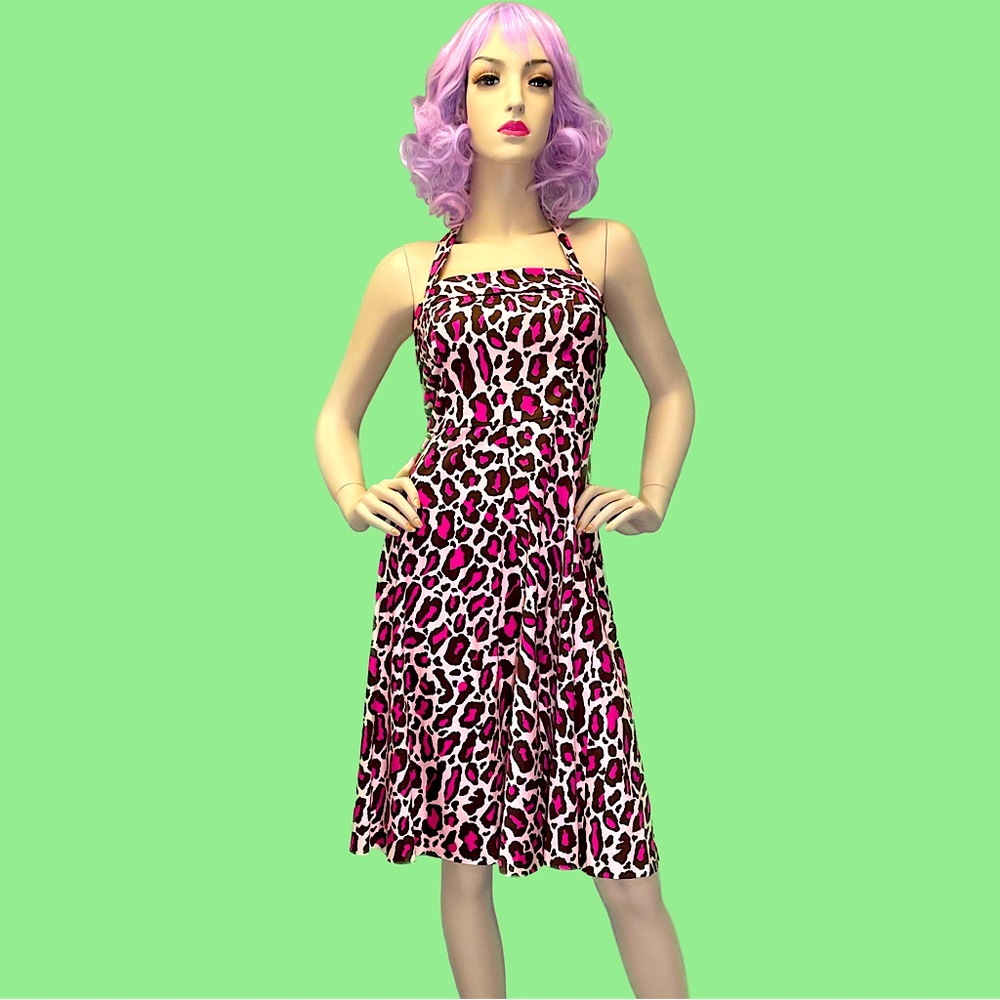 Retro style pink leopard halter dress by Becky & Max, size 2